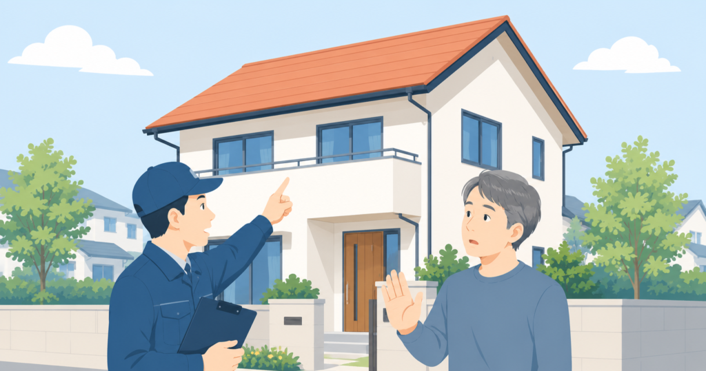 玄関先で屋根を指さす訪問業者と、手のひらを向けて断る住人のイラスト(屋根の点検商法への注意)