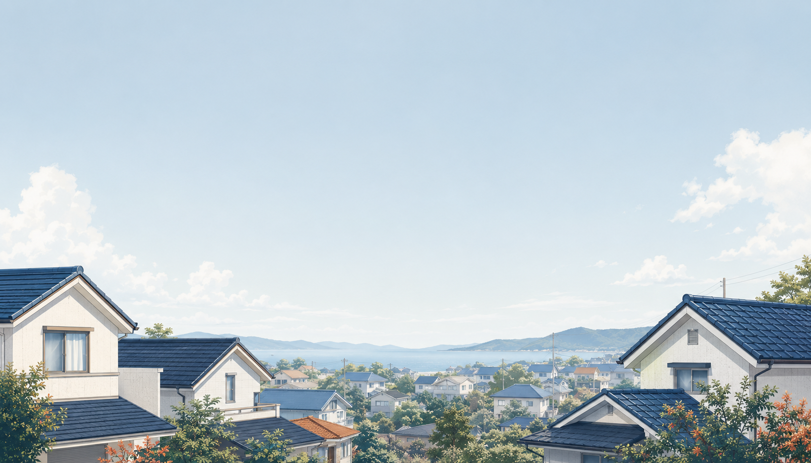 紺色の瓦屋根と生成り壁の戸建てが並ぶ日本の住宅街の風景