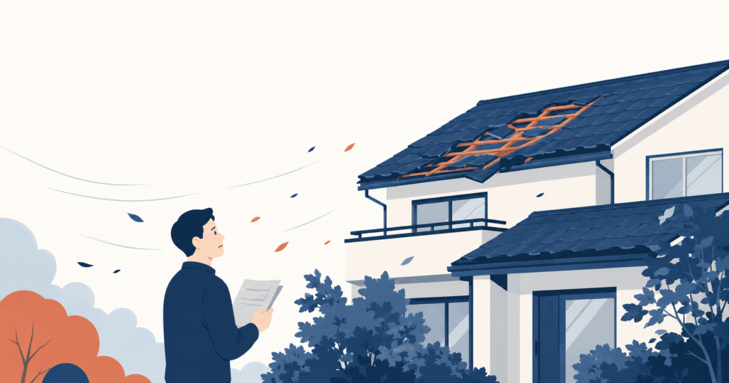 台風で屋根材がめくれた住宅を、保険書類を手に見上げる住人のイラスト(屋根修理と火災保険)