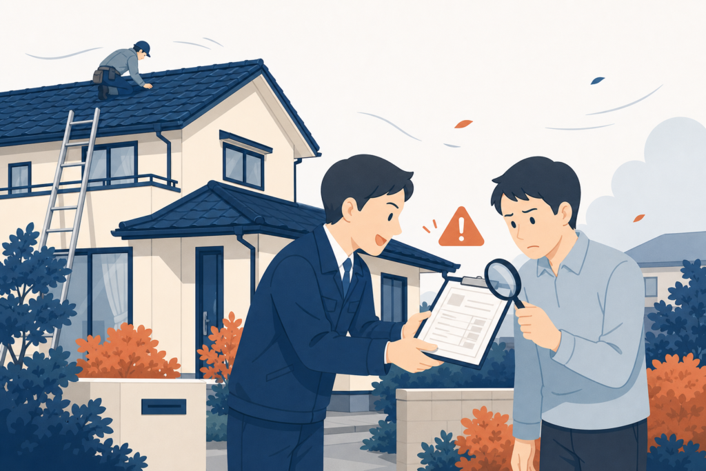 紺色の屋根の住宅の前で、訪問業者が差し出す見積書を虫眼鏡で確かめる警戒した表情の家主。屋根修理のぼったくり・悪質業者を見分けるイメージ