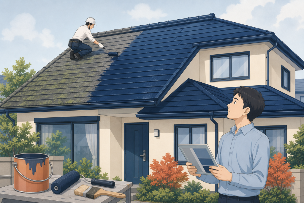 紺色の瓦屋根・生成り壁の戸建てで、屋根の上の作業員が塗装ローラーを使って屋根を塗っている。屋根は塗る前(色あせ・コケ)と塗った後(つや)の対比になっており、手前に塗料缶・ローラー・刷毛。家主が屋根を見上げて塗装の要否を考えるイメージ