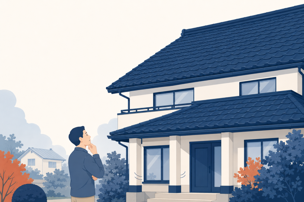 重厚な紺色の瓦屋根の日本の戸建てを見上げて考える家主のイラスト。瓦屋根の重さと地震・耐震、屋根の軽量化の効果と限界をイメージ