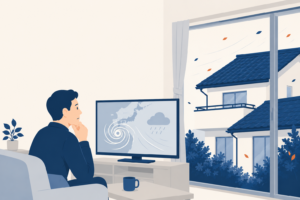 リビングで台風情報のテレビを見ながら、窓の外の瓦屋根と舞う落ち葉を気にする男性のフラットイラスト。台風前の屋根の備えを考えるイメージ