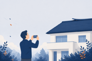 スレート屋根のてっぺんの棟板金が浮きかけた住宅を、庭先からスマホのズームで確かめる人物のフラットイラスト。「浮いてますよ」の訪問指摘を自分の目で確かめるイメージ