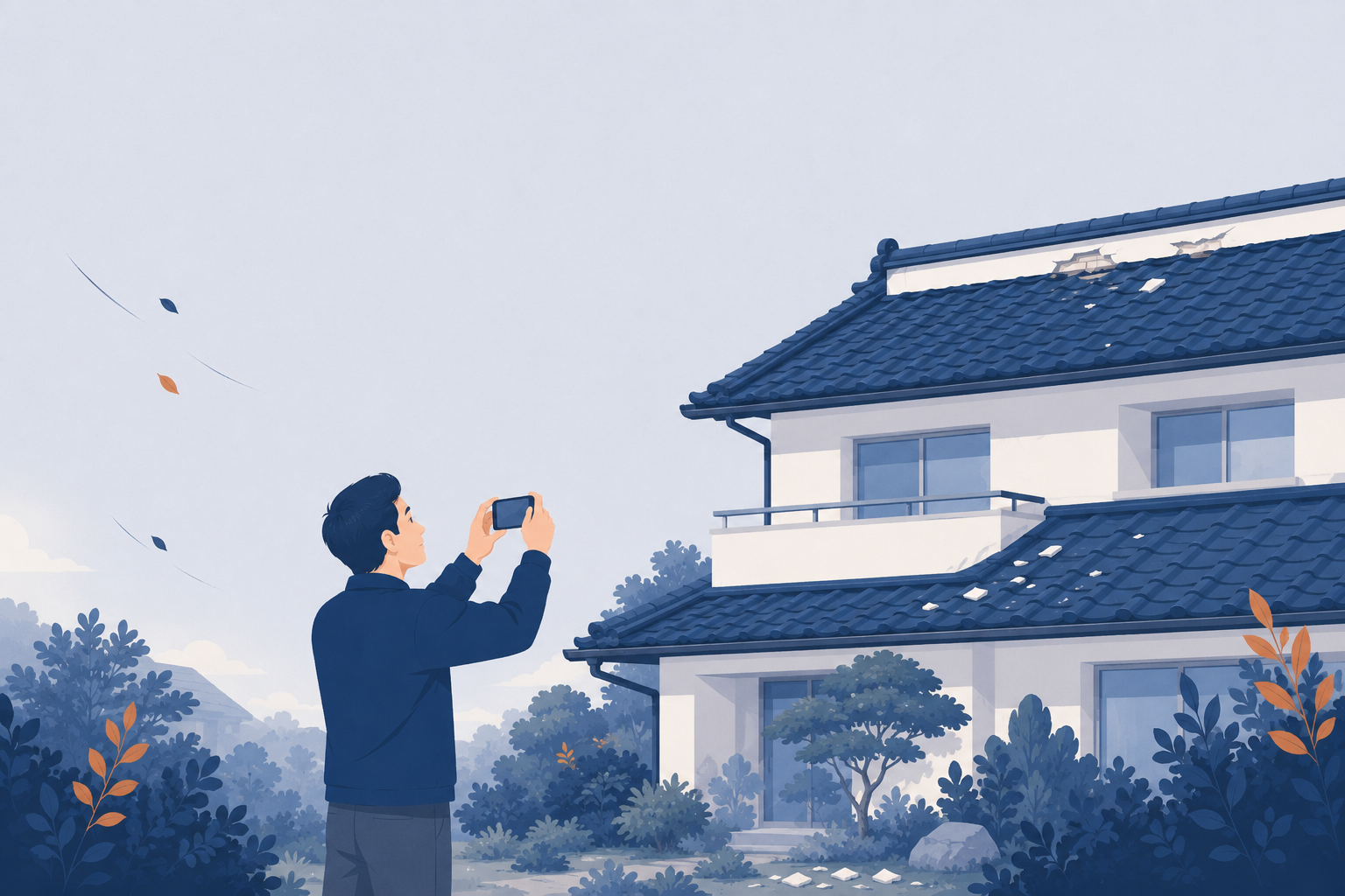 瓦屋根の棟の漆喰が剥がれた家を、地上からスマホのズームで撮影して確かめる男性のフラットイラスト