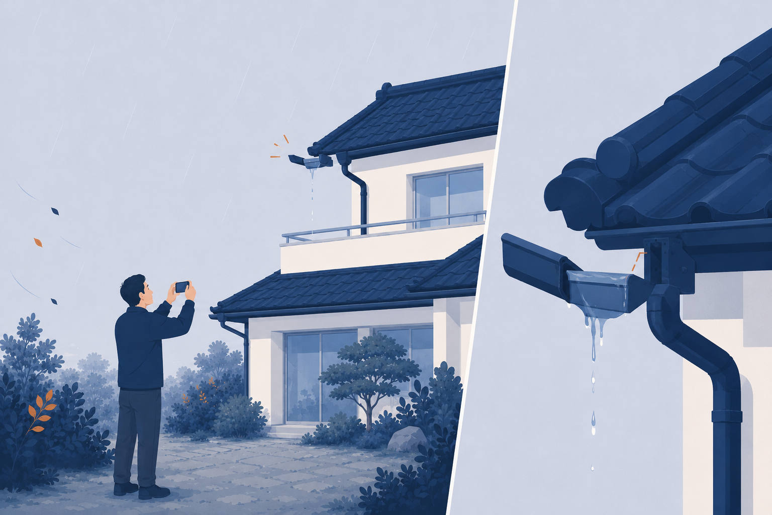 外れて雨水があふれる軒先の雨樋を、地上からスマホで撮影して確かめる人物のフラットイラスト。雨樋の修理費用と点検のイメージ