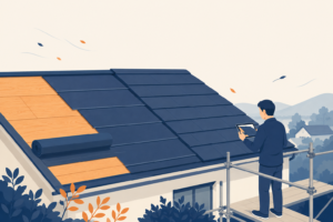 葺き替え工事中の屋根を足場の上からタブレットで確認する人物のフラットイラスト。屋根材の下に野地板と濃紺の防水シート(ルーフィング)が層になって見えているイメージ