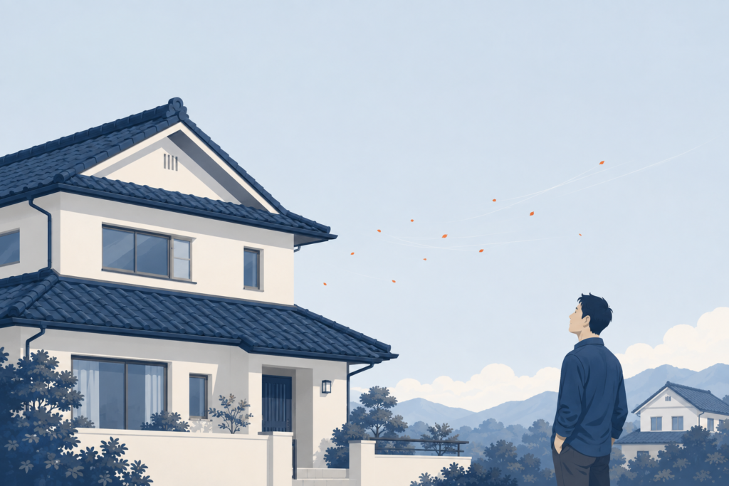 瓦屋根の日本家屋と、遠くの家から風に運ばれて飛んでくる火の粉を見上げる人物のイラスト。屋根の防火と飛び火を表すイメージ