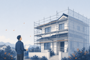足場とメッシュシートで囲まれた2階建て住宅を、見積書を手に見上げる人物のイラスト。屋根工事の仮設費用と安全対策を確認するイメージ