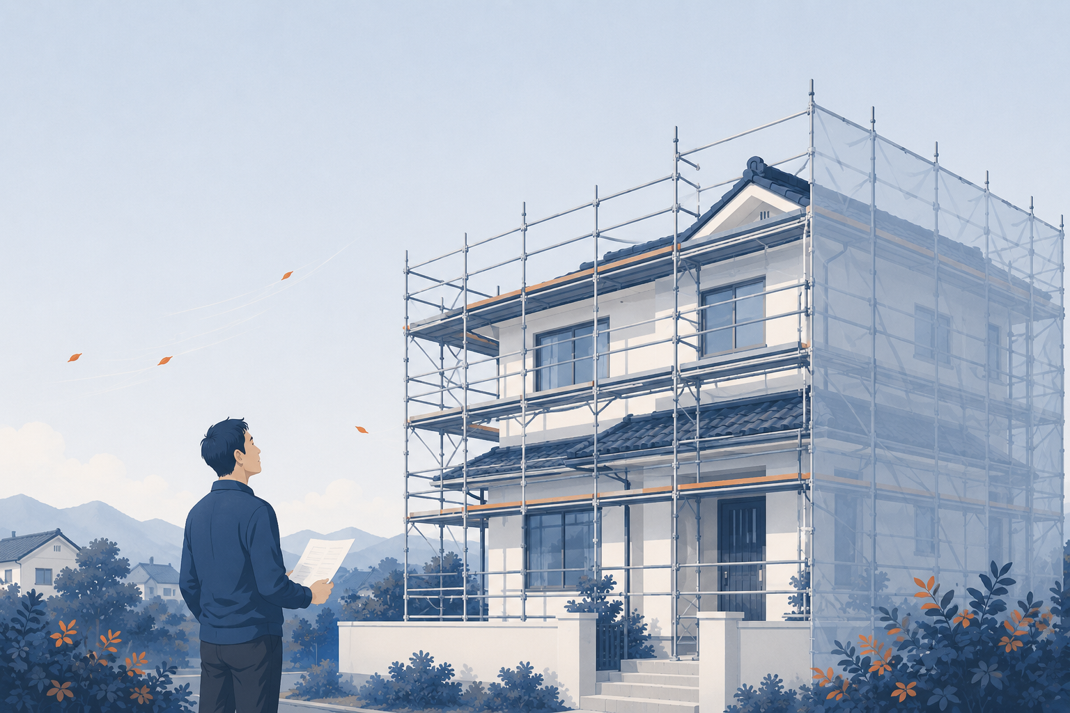 足場とメッシュシートで囲まれた2階建て住宅を、見積書を手に見上げる人物のイラスト。屋根工事の仮設費用と安全対策を確認するイメージ