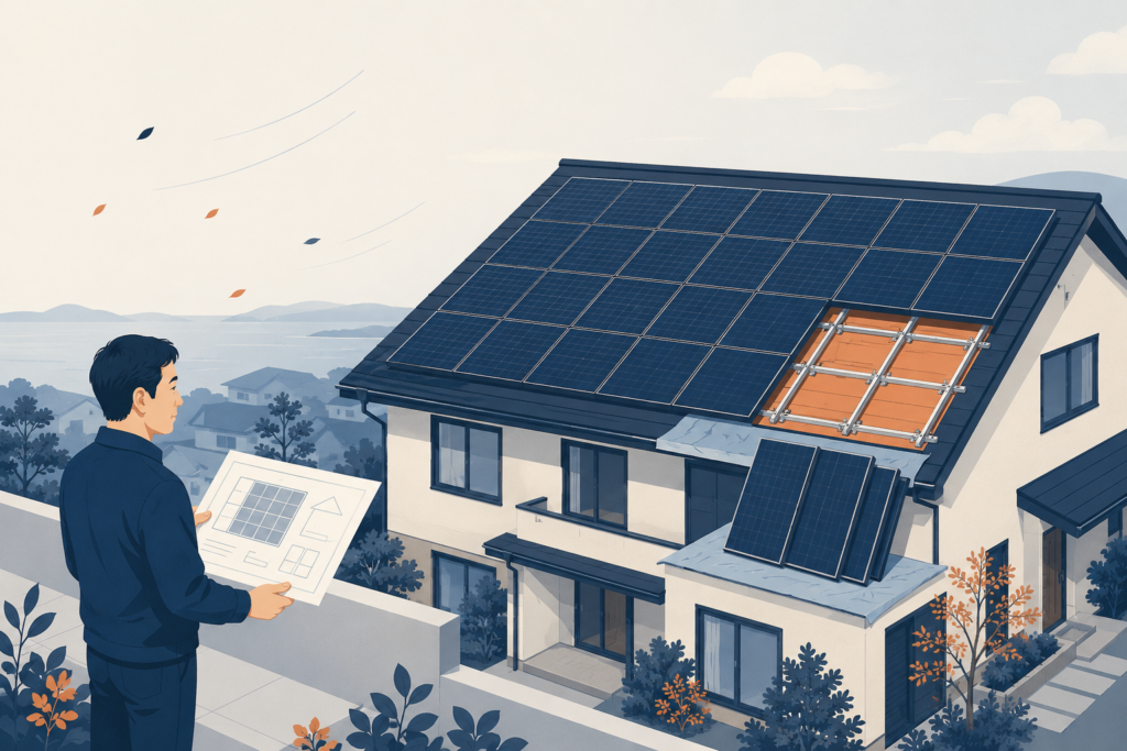 ソーラーパネルが並ぶ屋根を斜め上から見た住宅のフラットイラスト。屋根の一角だけパネルが外されて架台と下地が見えており、外したパネルは下屋に立てかけてある。配置図を手にした人物が屋根を眺めているイメージ