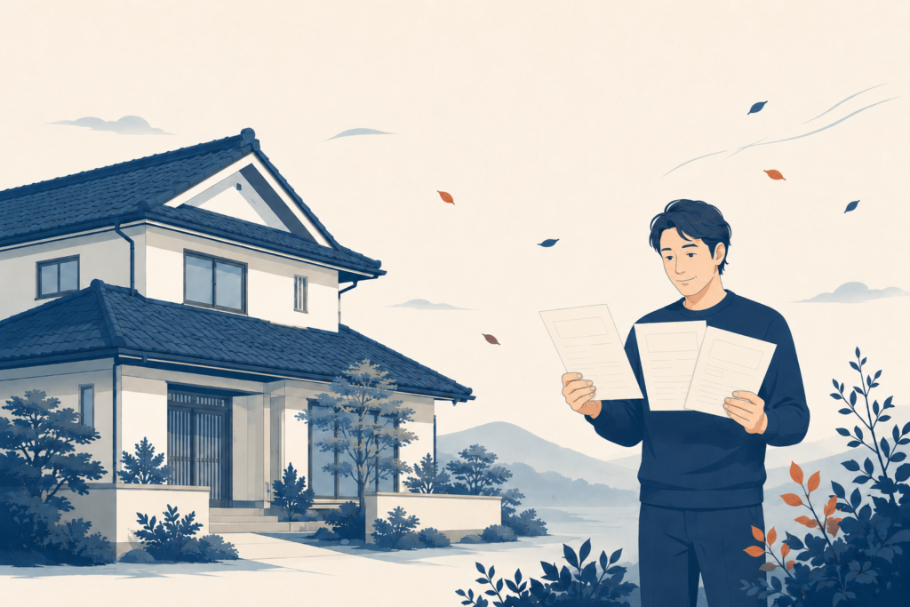 瓦屋根の日本家屋を背景に、3枚の見積書を手に持って見比べる男性のフラットイラスト。屋根修理の依頼先を同じ条件で比較するイメージ