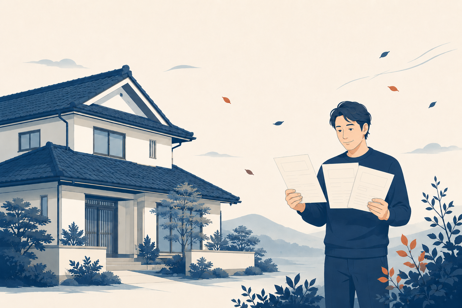 瓦屋根の日本家屋を背景に、3枚の見積書を手に持って見比べる男性のフラットイラスト。屋根修理の依頼先を同じ条件で比較するイメージ