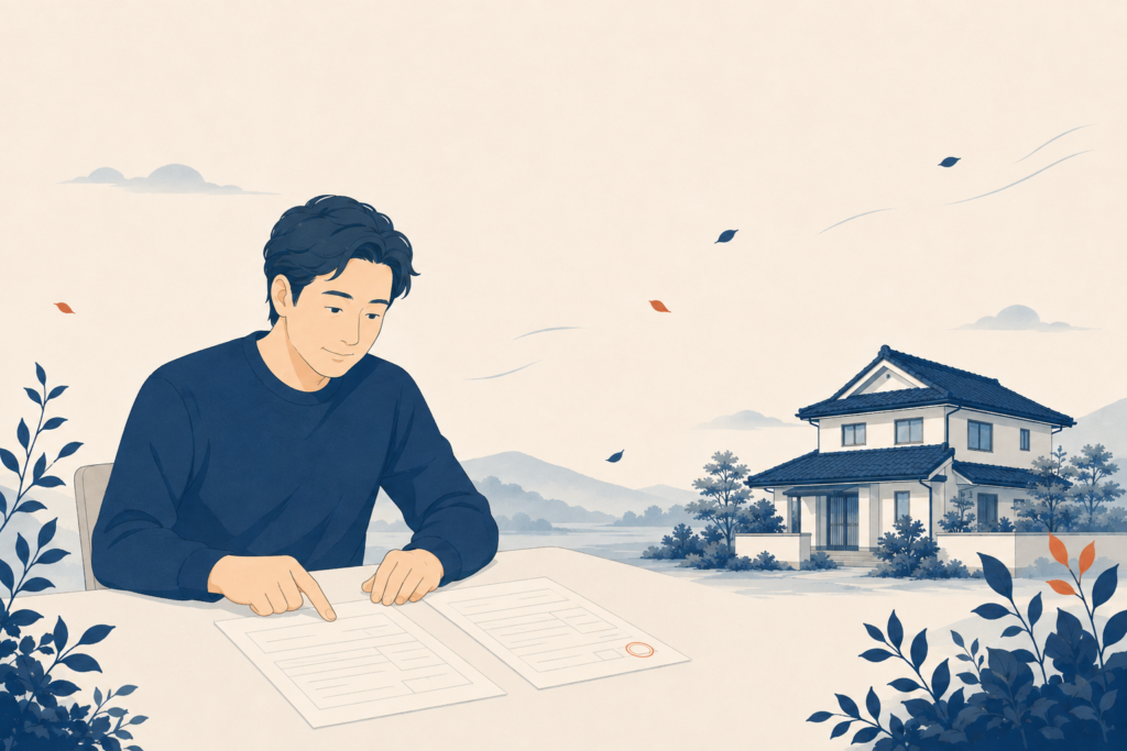 テーブルに並べた2枚の保証書のような書面を指でなぞって見比べる人物と、背景の瓦屋根の住宅のフラットイラスト。屋根工事の保証内容を書面で確認するイメージ