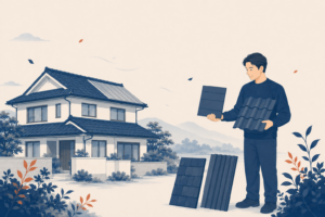 瓦屋根の日本家屋を背景に、形の違う4種類の屋根材のサンプルを手に取って見比べる人物のフラットイラスト。葺き替えで屋根材の候補を条件から絞り込むイメージ