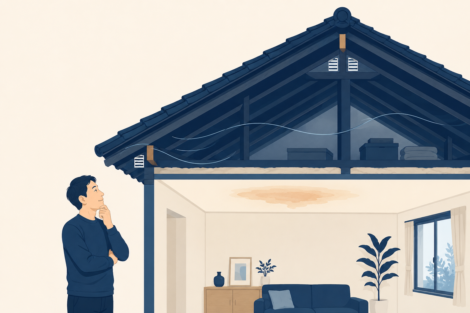 瓦屋根の住宅を断面で見た図。上段の小屋裏には垂木と梁、軒裏と棟の換気口、空気の流れが描かれ、下段の室内では天井ににじんだシミが広がっている。左に室内から天井を見上げて考える人物。天井のシミの原因を屋根・小屋裏・室内に分けて確認するイメージ