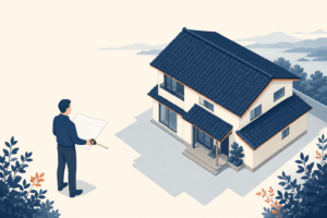 切妻屋根の住宅を斜め上から見下ろしたイラスト。傾いた屋根面と、その真下に落ちる輪郭の影が並べて描かれ、左では図面とメジャーを手にした人物が屋根を見比べている。屋根面積と水平投影面積が別のものであることを示すイメージ