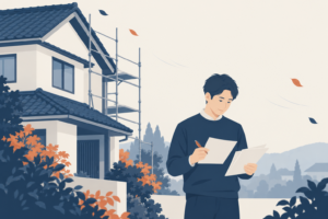 瓦屋根の住宅の片側に足場が組まれかけている前で、契約書を手に一枚ずつ確かめている人物。屋根工事の支払い時期を契約前に確認するイメージ