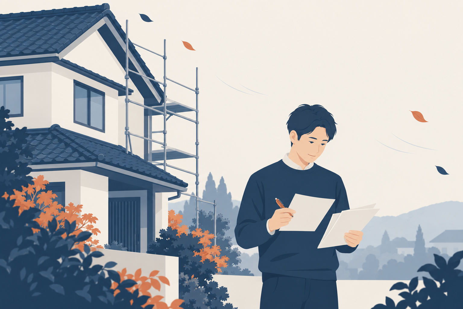 瓦屋根の住宅の片側に足場が組まれかけている前で、契約書を手に一枚ずつ確かめている人物。屋根工事の支払い時期を契約前に確認するイメージ