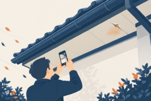 瓦屋根の軒先を下から見上げたイラスト。白い軒天の一角に塗装のめくれと輪じみがあり、軒下に立つ人物がスマートフォンで写真を撮っている。軒天の剥がれやシミを地上から確認するイメージ