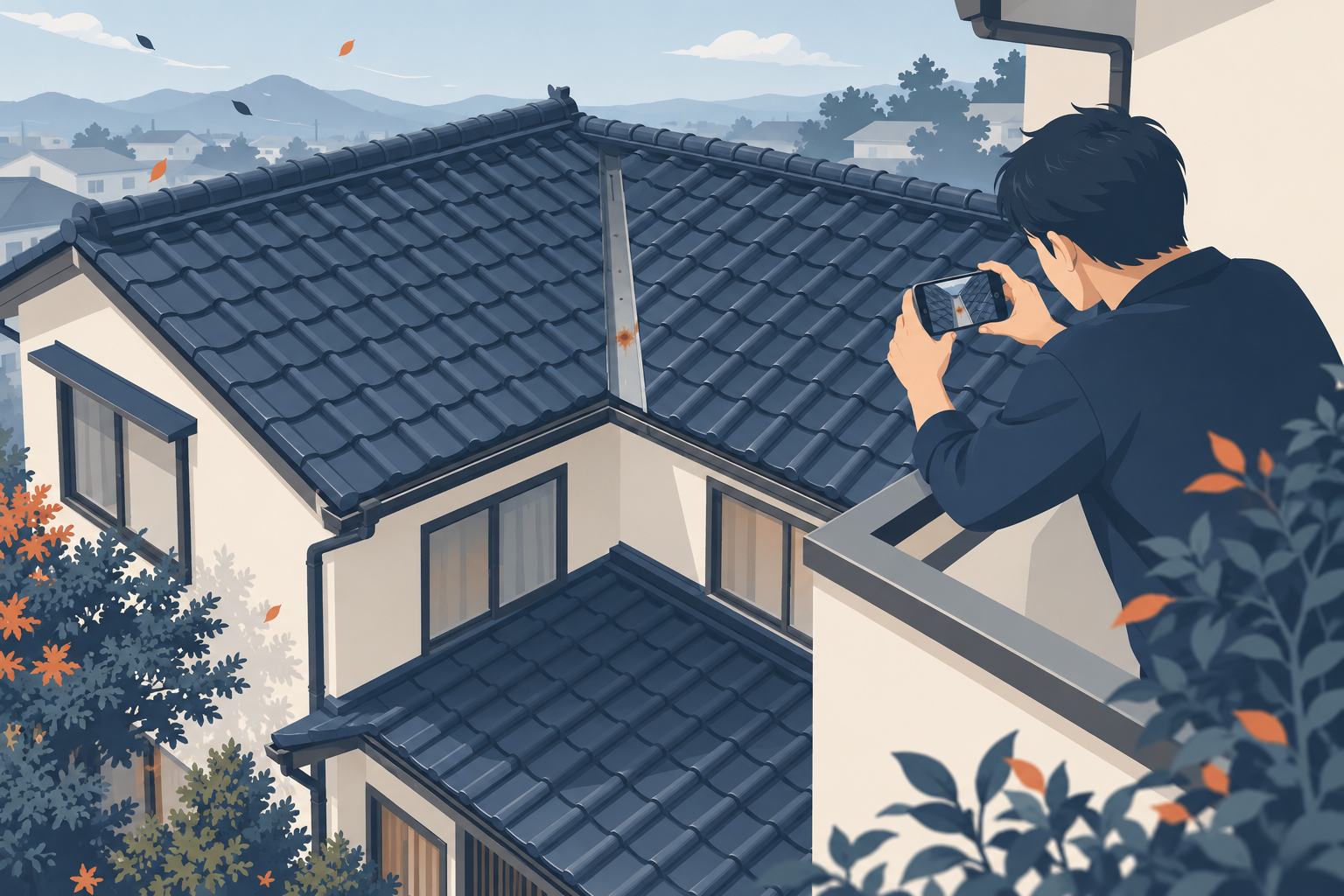 高い位置から見下ろした紺色の瓦屋根の2階建て住宅。2つの屋根面が合わさる谷に金属の谷板金が通り、一部に小さなサビが出ている。右側の男性がベランダからスマートフォンで谷の部分を撮影している。谷板金の穴・サビを屋根に上らずに確認するイメージ